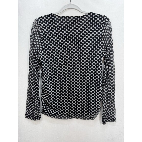 Chicos Polka Dot Lined Raye Top Size 1 (M/8) Black Mesh Sleeves Ruched Sides NEW - Picture 2 of 10